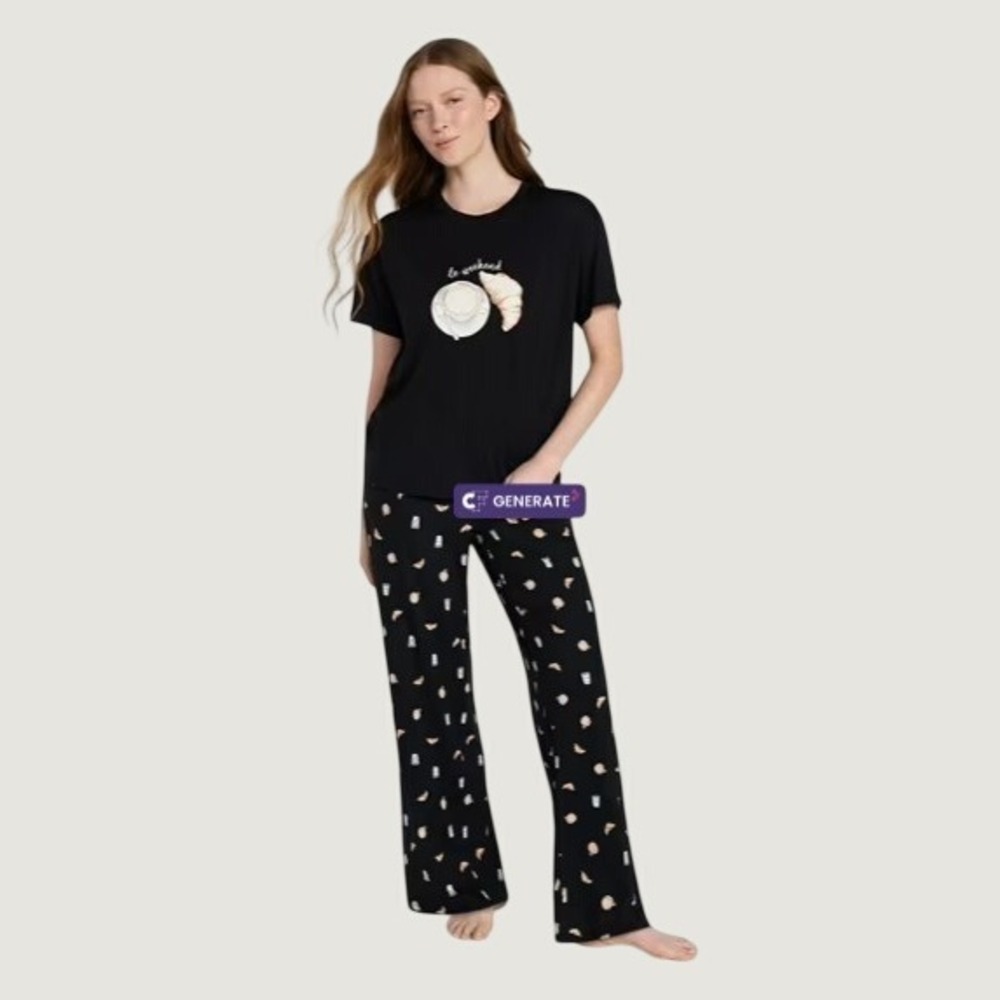 Joyspun Dreamy Soft Pajama Set Black Le Weekend Coffee Croissant Small 4-6 NEW